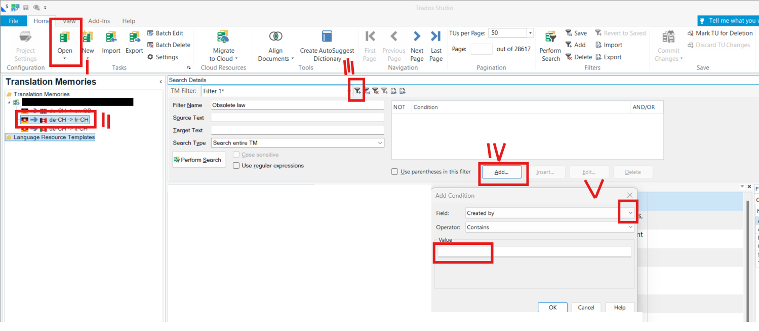 Trados Studio interface with Translation Memories and a filter setup. Highlighted areas include 'Open', filter icon, 'Add' button, and 'Created by' field with a dropdown for value input.