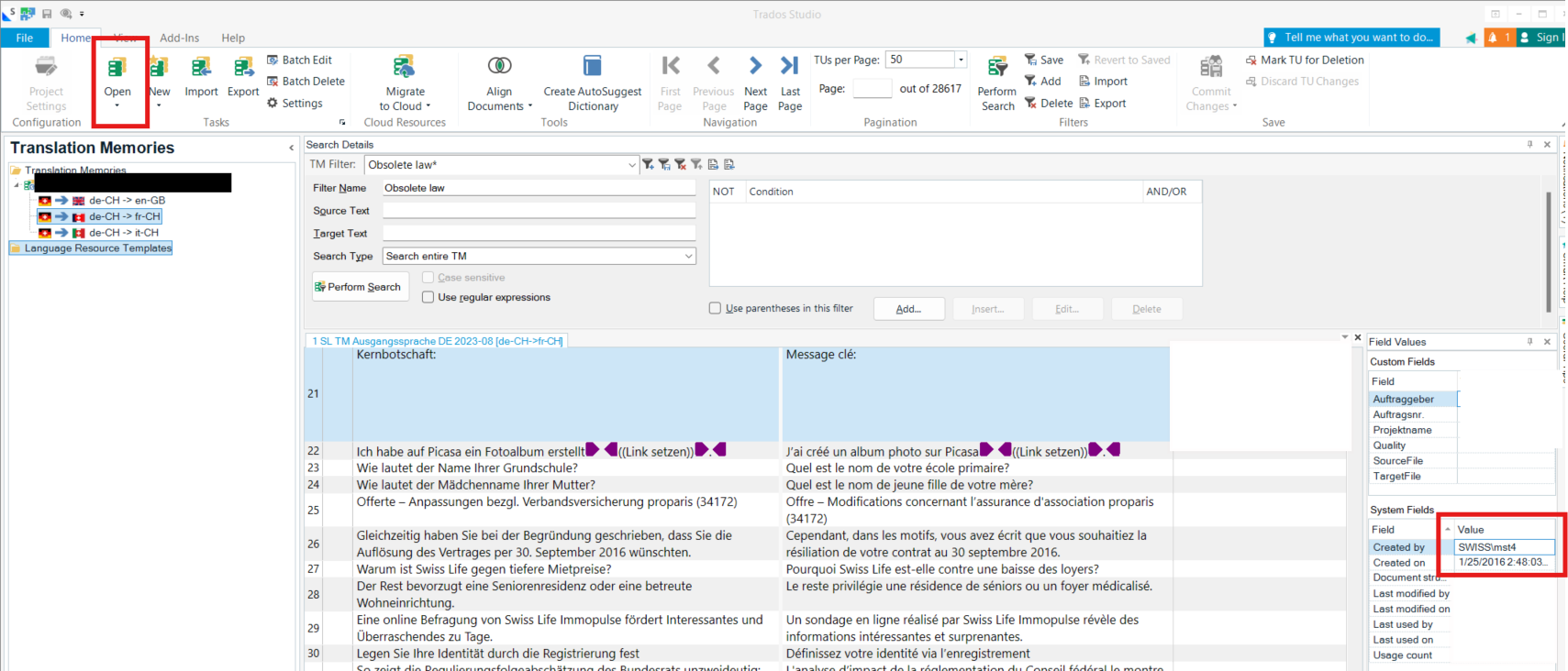 Trados Studio interface showing Translation Memories with language pairs and a search filter for 'Obsolete law'. Highlighted areas include 'Open', 'Created by', and 'Created on' fields.