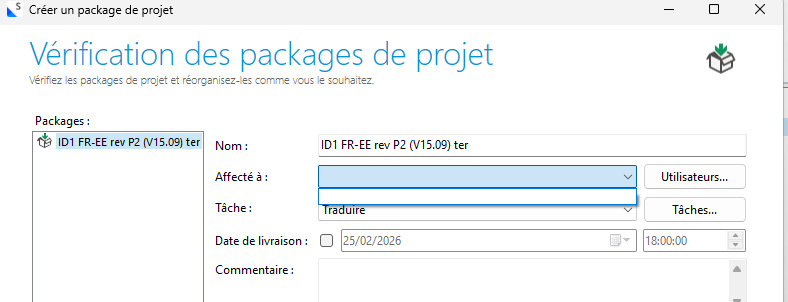 Screenshot of the 'Cr er un package de projet' window showing the 'V rification des packages de projet' section with fields for 'Affect ', 'T che', and 'Date de livraison'.