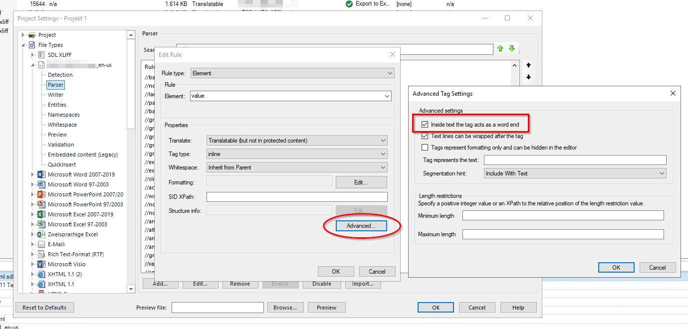 A screenshot of the Trados Studio settings window, showing the 'Advanced Tag Settings' dialog with the option 'Inside text the tag acts as a word end' checked.