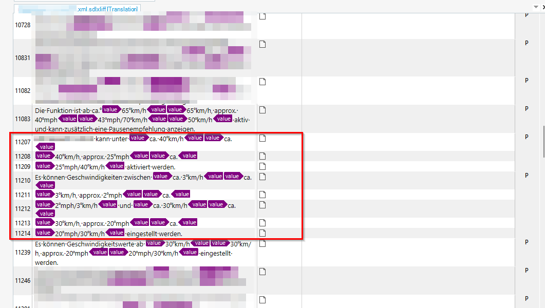 A screenshot showing a table with multiple rows and columns, highlighting segments with inline tags labeled 'value' and text such as '40kmh' and '25mph'.