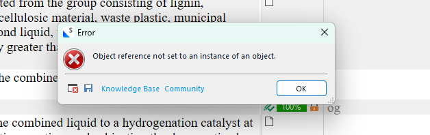 Error message in Trados Studio 2024 stating 'Object reference not set to an instance of an object' with options for 'Knowledge Base', 'Community', and an 'OK' button.