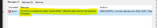 Screenshot showing an error message in Trados Studio: 'El archivo contiene el estilo tw4winMark utilizado para marcar documentos biling es' under the 'Mensajes' tab.