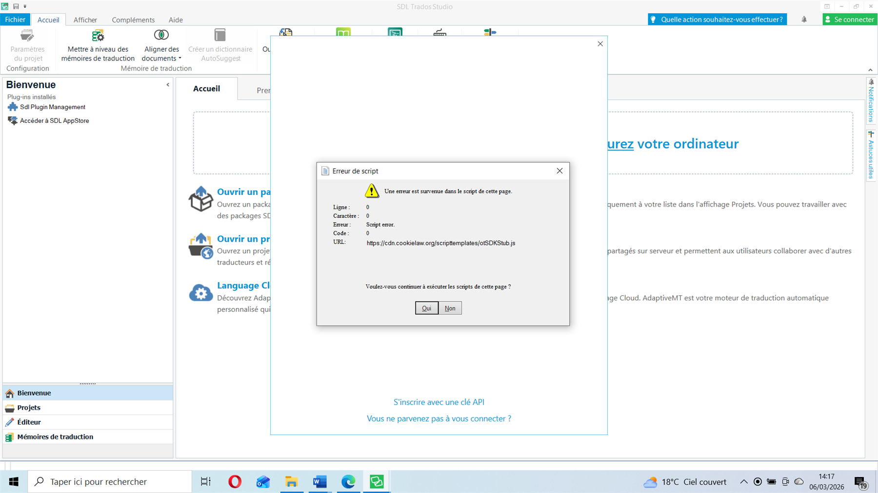 A screenshot of SDL Trados Studio 2019 Freelance edition showing a script error dialog. The error states 'An error has occurred in the script on this page' with details including Line: 0, Character: 0, Error: Script error, Code: 0, and URL: https:cdn.cookielaw.orgscripttemplatesotSDKStub.js. The dialog asks 'Do you want to continue running scripts on this page?' with 'Yes' and 'No' buttons.