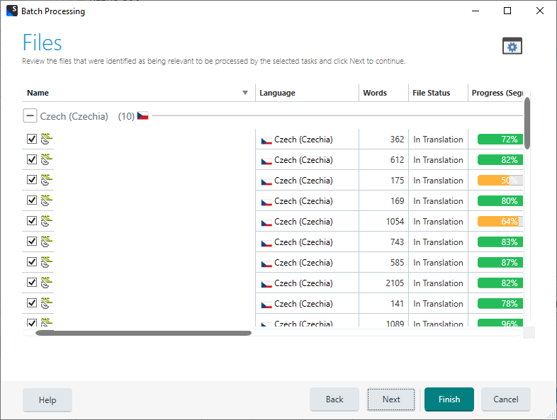 Screenshot of the Trados Studio Batch Processing window showing a list of files for the Czech language, with columns for Name, Language, Words, File Status, and Progress (Segment).