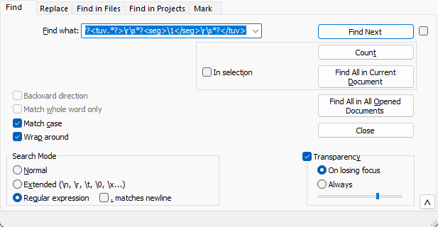 Screenshot of the Notepad++ Find dialog box with a regex pattern entered in the 'Find what' field. Options like 'Match case', 'Wrap around', and 'Regular expression' are selected.