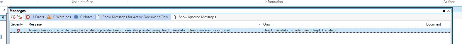 Trados Studio error message: An error occurred while using the translation provider DeepL. One or more errors occurred.