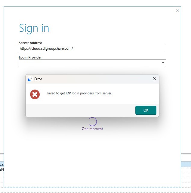Sign-in window for SDL Groupshare with an error message: Failed to get IDP login providers from server. Includes an OK button.