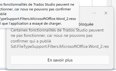 Windows security notification stating that certain Trados Studio functionalities may not work due to an unverified publisher for the file 'MicrosoftOffice.Word_2.reso'.