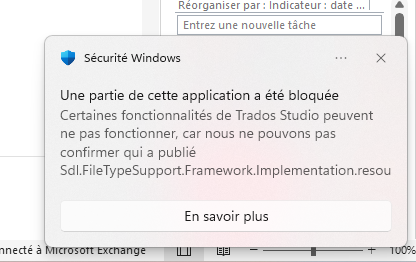 Windows security notification stating that part of the application was blocked, and certain Trados Studio functionalities may not work due to an unverified publisher for the file 'Framework.Implementation.resou'.