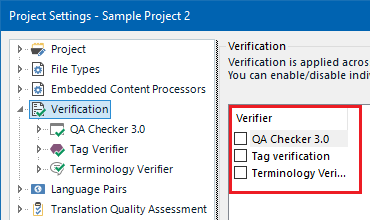 Trados Studio Project Settings window showing the Verification section with options for QA Checker 3.0, Tag verification, and Terminology Verifier, all checkboxes unchecked.