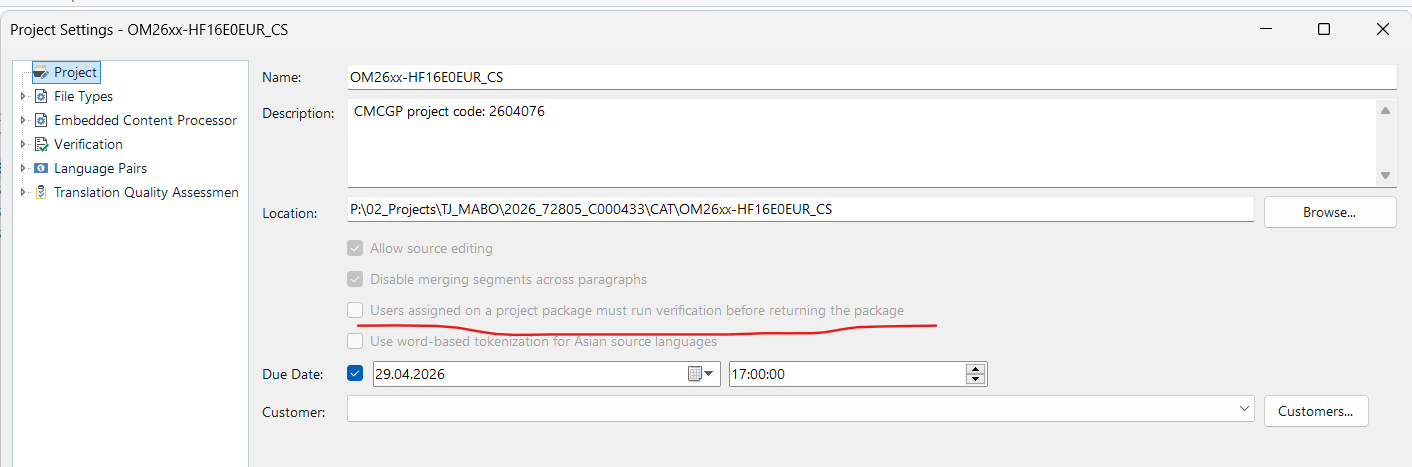 Trados Studio Project Settings window showing project details. The checkbox 'Users assigned on a project package must run verification before returning the package' is greyed out.