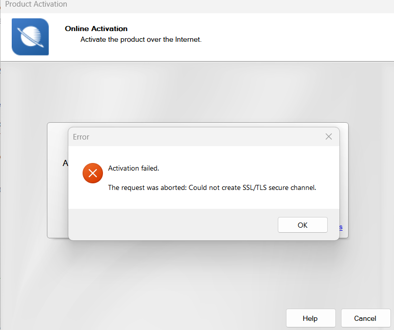 Screenshot of the Trados Studio product activation window showing an error message. The error states: 'Activation failed. The request was aborted: Could not create SSLTLS secure channel.'