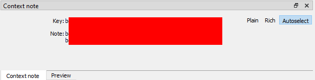 Screenshot of Phrase's 'context note' panel with a redacted key and note section, and tabs for 'Plain', 'Rich', and 'Autoselect'.