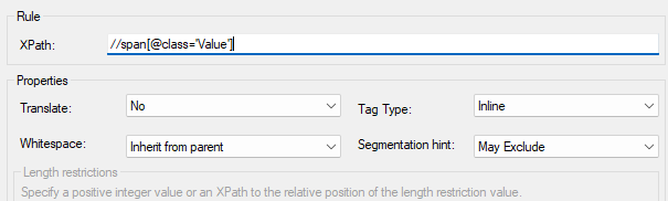 Screenshot of Trados Studio parser rule settings with XPath for span class 'Value' set to not translate.