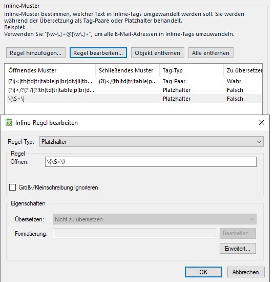 Trados Studio dialog showing inline rules with a regular expression for placeholders. The expression is intended to match text in curly brackets.