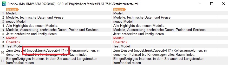 Preview window in Trados Studio displaying XML content. Text within curly brackets is highlighted, indicating it is not protected as intended.