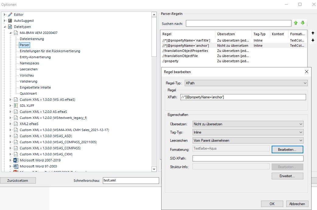 Trados Studio parser rules settings window. An XPath rule is set for the 'anchor' attribute to make text non-translatable and displayed in aqua color.
