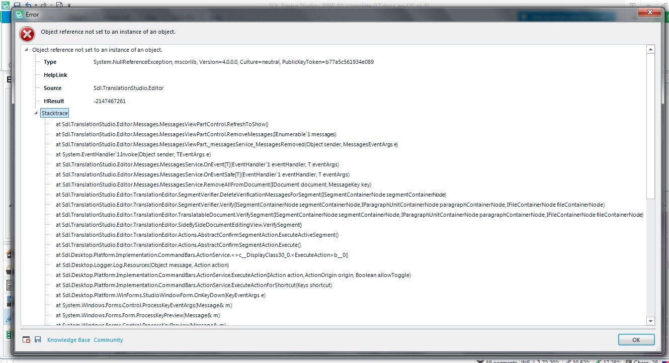 Screenshot of Trados Studio error message window. The error reads 'Object reference not set to an instance of an object.' with a red cross icon. The window shows a stack trace with multiple references to Sdl.TranslationStudio.Editor and system event handlers.