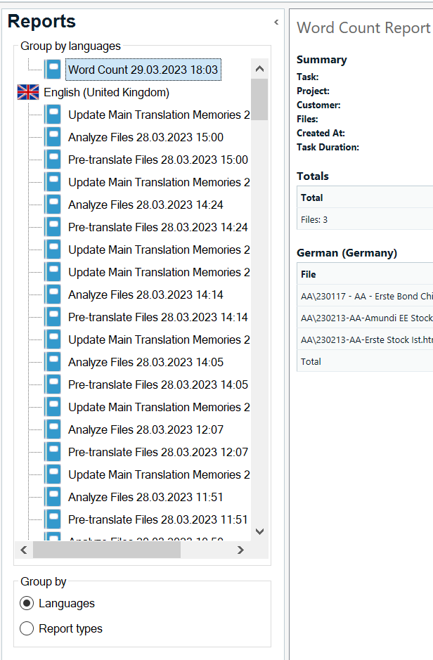 Trados Studio Reports pane showing 'Group by languages' with a list of reports for 'English (United Kingdom)' including 'Word Count', 'Update Main Translation Memories', 'Analyze Files', and 'Pre-translate Files' with various timestamps.