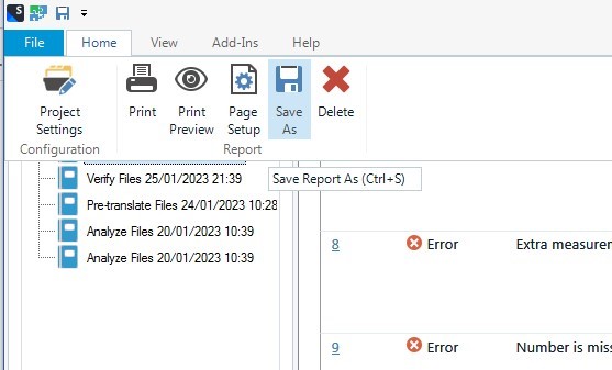 Trados Studio 2022 interface showing 'Save Report As' option with a list of recent actions and two error messages: 'Extra measurement' and 'Number is missing'.