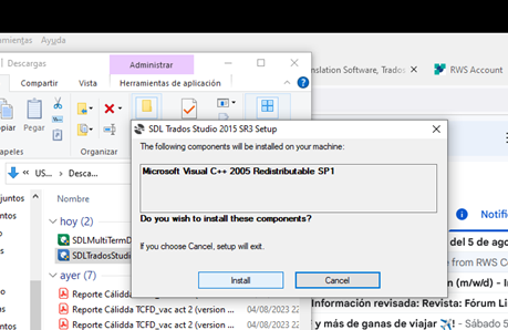 SDL Trados Studio 2015 SR3 Setup window prompting to install Microsoft Visual C++ 2005 Redistributable SP1 with options to Install or Cancel.