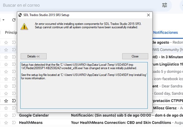 SDL Trados Studio setup error stating an error occurred while installing system components and setup cannot continue until all components have been successfully installed.