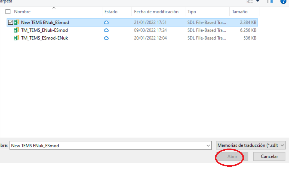 File selection window with three file-based translation memories listed. The 'Open' button is greyed out and unclickable.