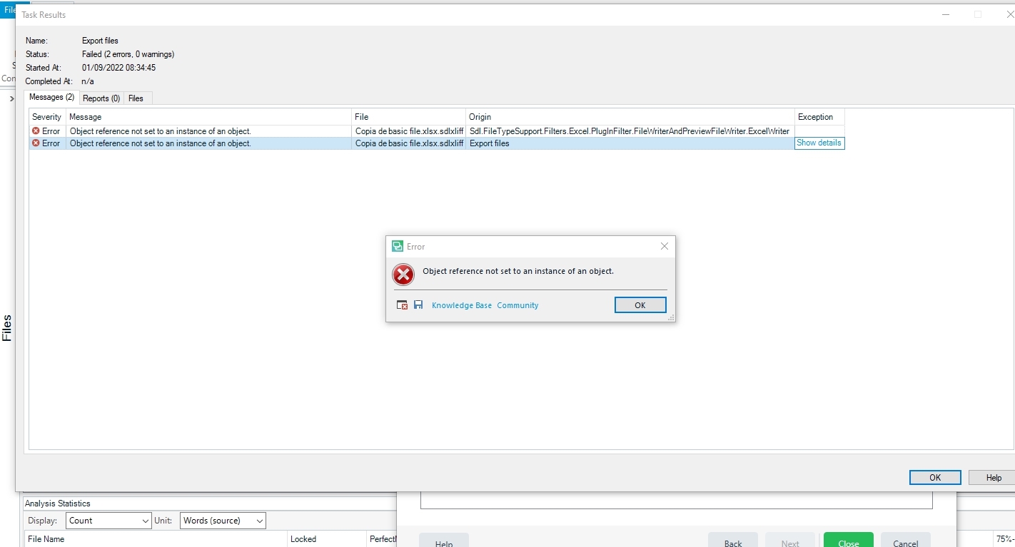 Trados Studio error message window showing 'Object reference not set to an instance of an object' with two instances of the same error under Task Results.