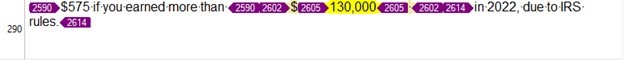 Screenshot of Trados Studio segment with highlighted text '575 if you earned more than 130,000 in 2022, due to IRS rules.'