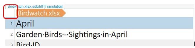 Screenshot of Trados Studio editor showing a file named Birdwatch.xlsx with a red box highlighting the non-functional 'Select all' checkbox at the top left.