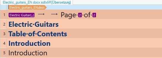 Screenshot of Trados Studio showing a document titled 'Electric_guitars_EN.docx.sdlxliff' with a translation view. The page indicator shows 'Page 2 of 2'. The content includes headings such as 'Electric Guitars', 'Table of Contents', and 'Introduction'.