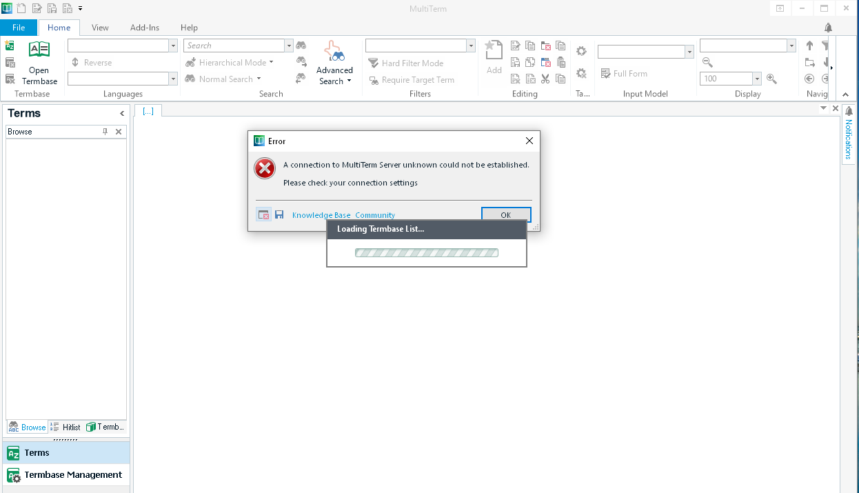 Screenshot of Trados MultiTerm with an error message pop-up saying 'A connection to MultiTerm Server unknown could not be established. Please check your connection settings'.