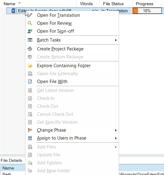 Trados Studio screenshot showing a project file with 'Open For Translation' highlighted, indicating the file is at 18% progress in the translation phase.