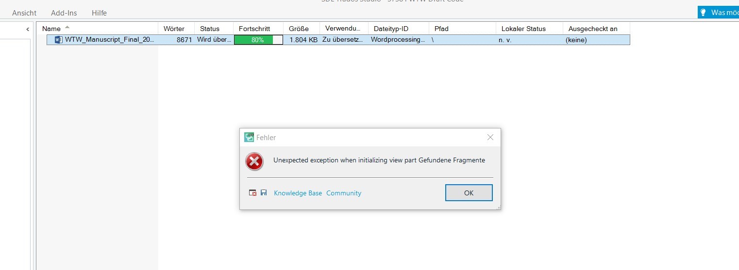 Error dialog box in Trados Studio with a red cross icon, displaying the message 'Unexpected exception when initializing view part Gefundene Fragmente'. An 'OK' button is available to close the dialog.