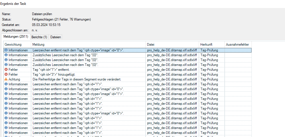 Screenshot of Trados Studio showing a task result with 21 errors and 76 warnings related to tag issues in a batch QA task.