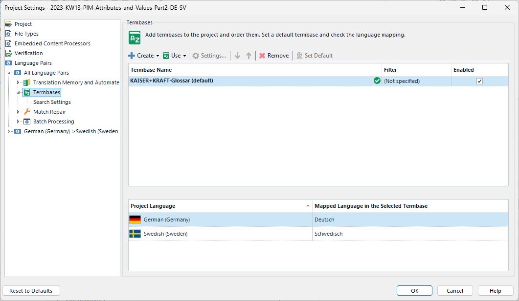 Project Settings dialog in Trados Studio with 'KAISER+KRAFT-Glossar' set as the default term base and language mapping for German to Swedish.