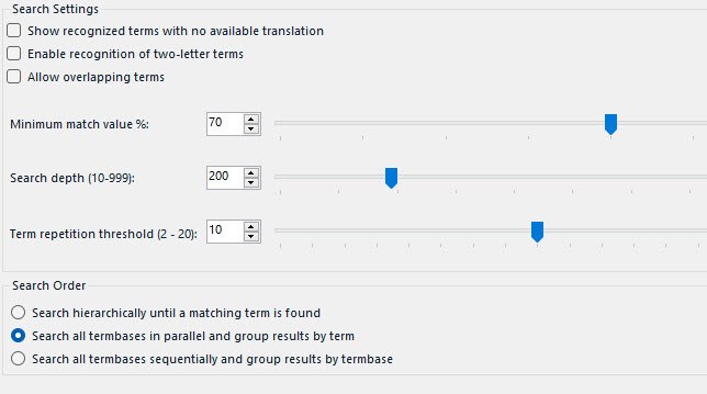 Search Settings pane in Trados Studio with options for term recognition and search depth set to 200 and minimum match value at 70%.