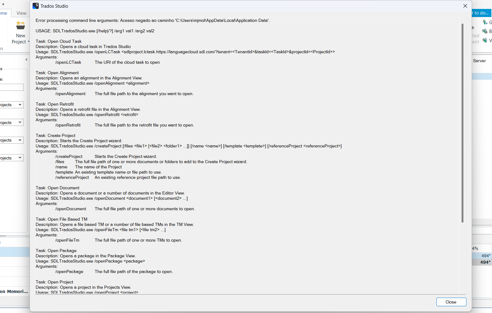 Screenshot of Trados Studio error message stating 'Error processing command line arguments: Accesso negado ao caminho' followed by a file path. A list of tasks and their descriptions are visible below the error.