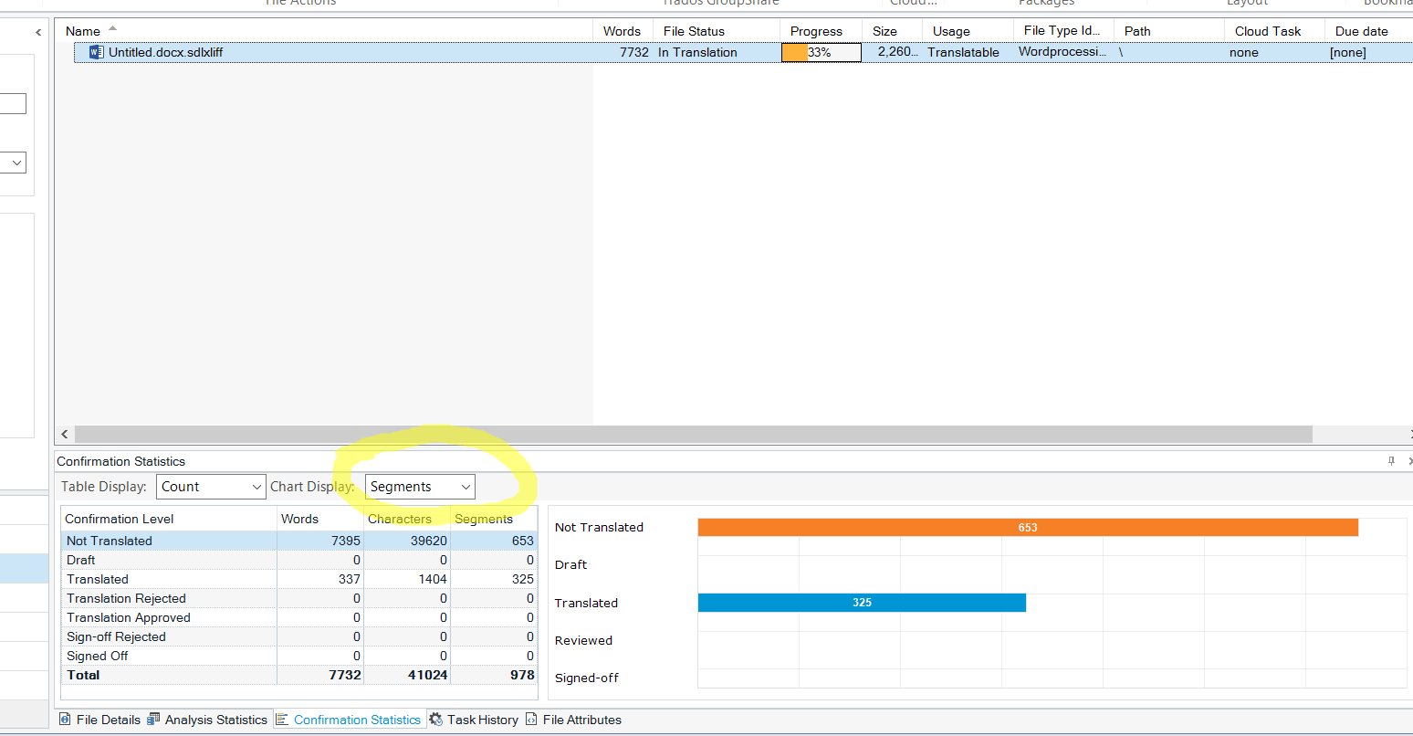 Trados Studio screenshot showing progress at 33% with confirmation statistics set to display by segments.