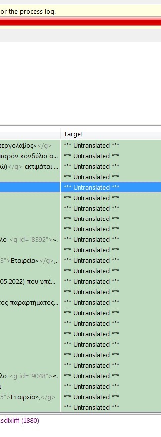 Trados Studio screen displaying multiple segments marked as '*** Untranslated ***' in the target column.