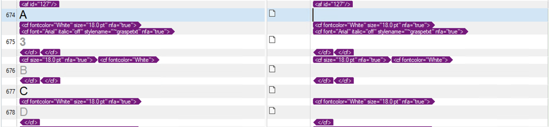 Screenshot of Trados Studio showing formatting tags for Adobe FrameMaker with excluded segments resulting in garbled formatting.