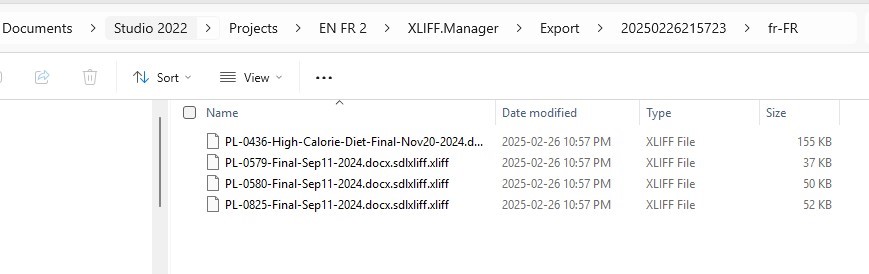 Screenshot of a Windows file explorer showing a folder path to 'Studio 2022 > Projects > EN FR 2 > XLIFF.Manager > Export > 2025022615723 > fr-FR'. It contains four XLIFF files with names indicating they are final versions of documents, dated 'Sep11-2024' and 'Nov20-2024'.