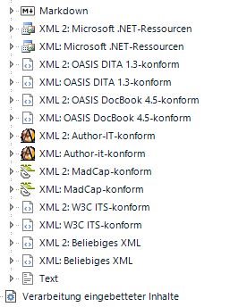 Screenshot of Trados Studio showing a list of XML file types with various conformity levels, including Microsoft .NET Resources, OASIS DITA, DocBook, Author-IT, MadCap, W3C ITS, and generic XML options.