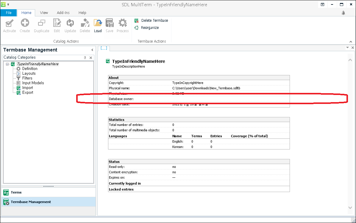 Screenshot of SDL MultiTerm showing Termbase Management interface with a highlighted section indicating the physical name path of the termbase file.