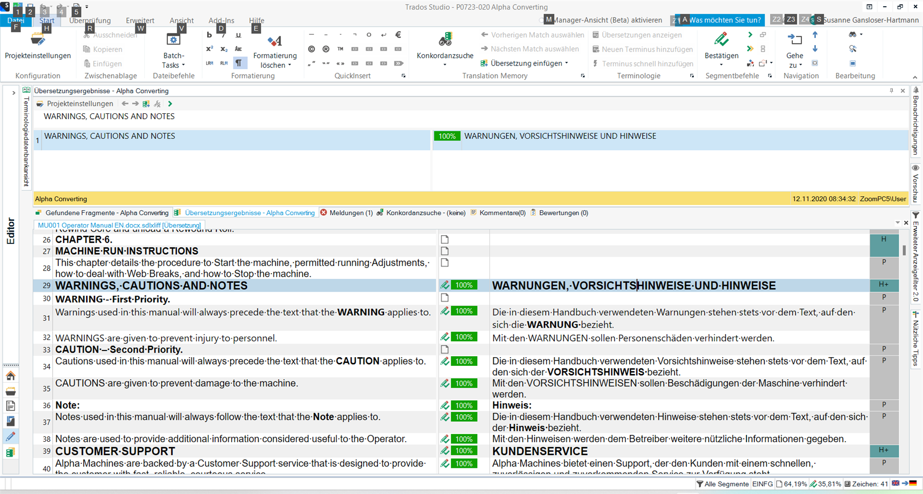 Screenshot of Trados Studio interface showing a warning message in the translation results pane indicating that Multiterm is lost in Studio 2022 update.
