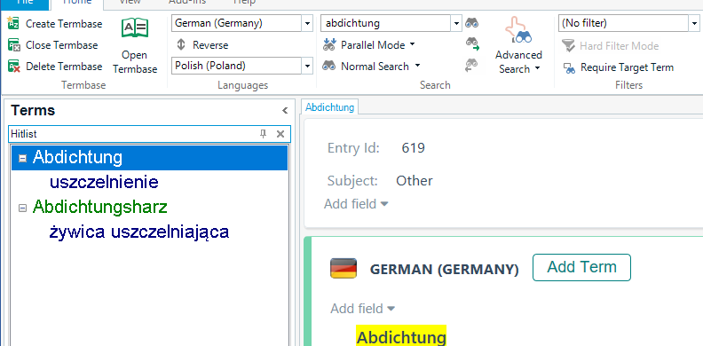 Trados Studio screenshot showing a termbase search result for 'Abdichtung' with normal search, displaying terms 'uszcze nienie' and ' ywica uszczelniaj ca'.