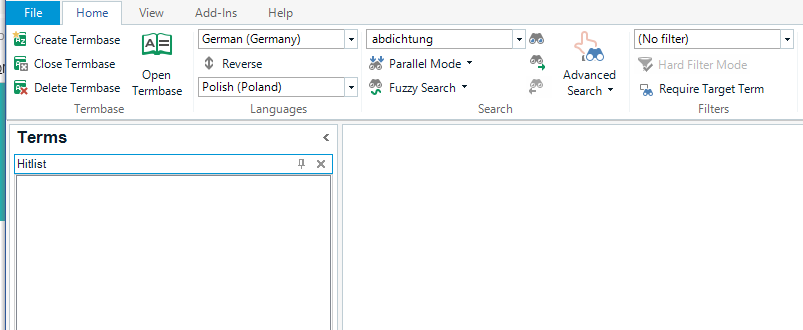 Trados Studio screenshot showing an empty termbase search result for 'Abdichtung' with fuzzy search enabled, indicating a possible issue with the search function.
