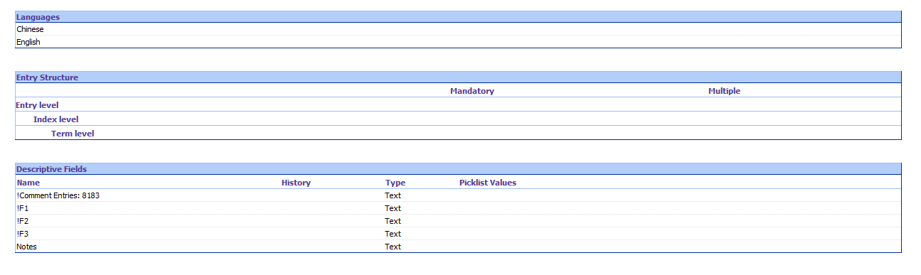 Screenshot of Trados Studio Termbase structure showing languages Chinese and English, entry structure with index and term levels, and descriptive fields including 'Comment Entries: 8183', 'F1', 'F2', 'F3', and 'Notes'.