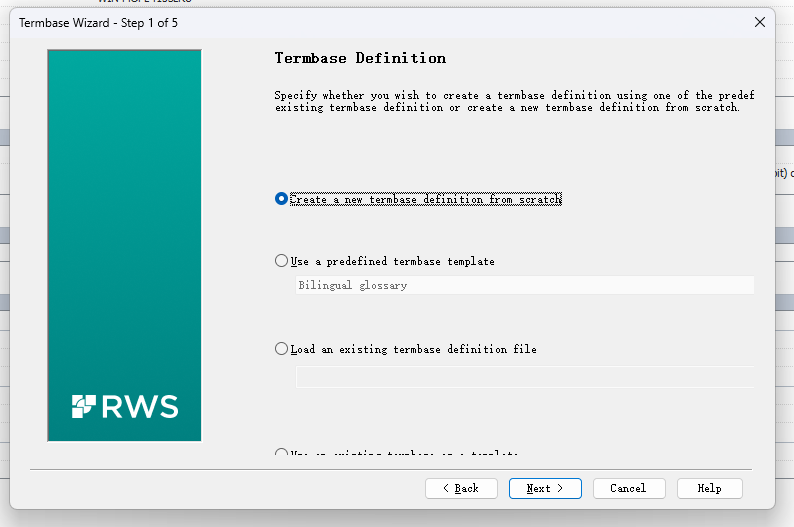 Screenshot of MultiTerm Termbase Wizard Step 1 of 5 with options to create a new termbase definition, use a predefined template, or load an existing file. The left side of the window is obscured by a large teal block.